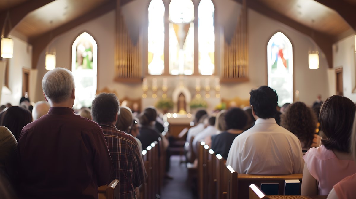 Church interior with congregation facing a decorated altar, under high wooden ceilings and stained glass windows